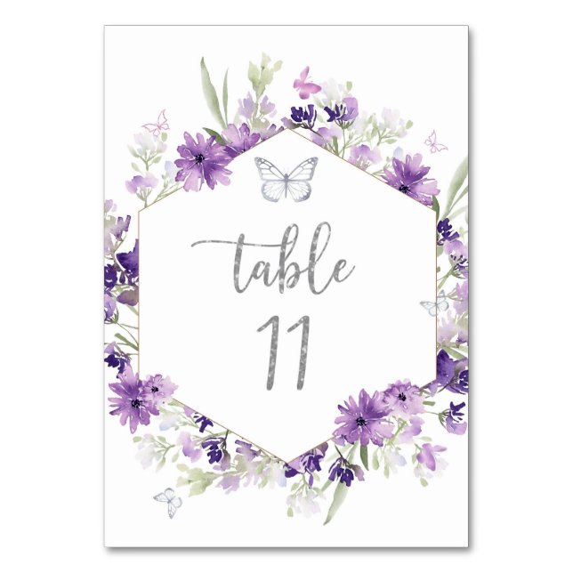 Purple floral silver butterfly eleven table number (Front)