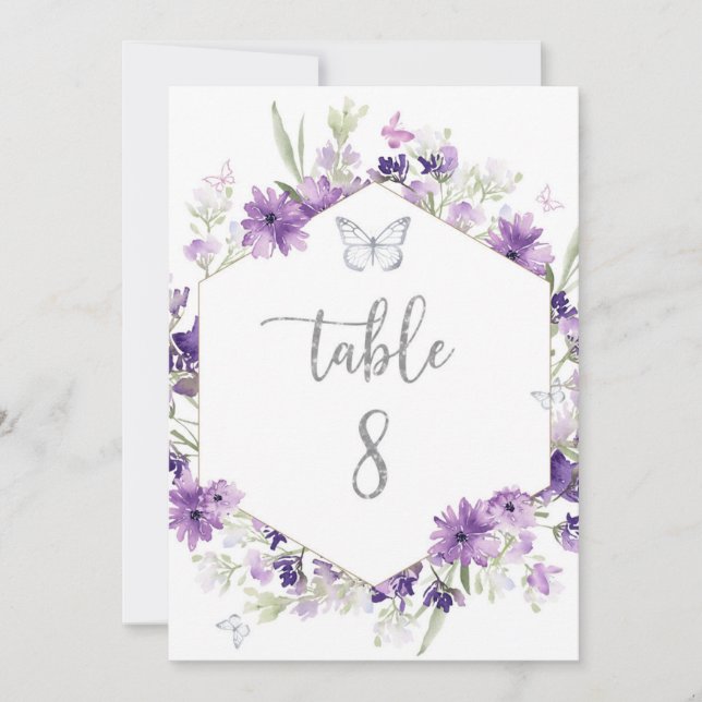Purple floral silver butterfly table number (Front)