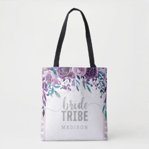 Purple Floral & Silver Confetti Bride Tribe Tote Bag