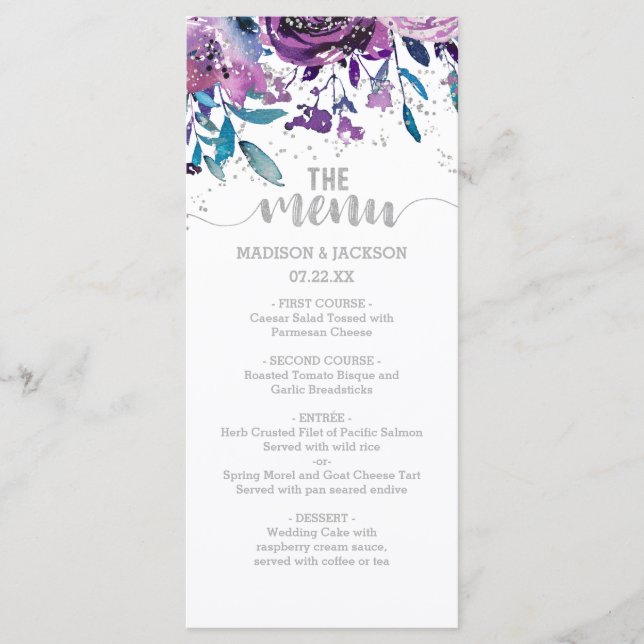 Purple Floral & Silver Confetti Wedding Menu (Front)