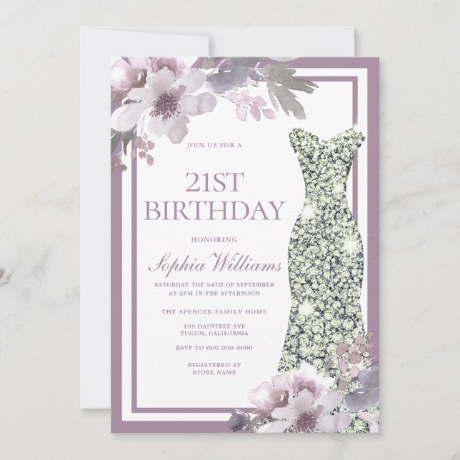Purple Floral Silver Diamond Dress 21st Birthday Invitation (Front)