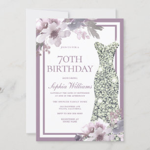 Purple Floral Silver Diamond Dress 70th Birthday Invitation