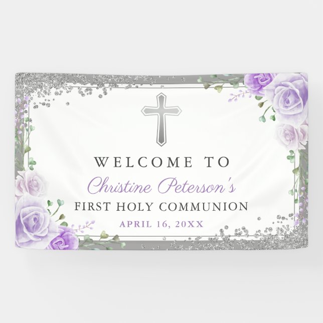 Purple Floral Silver First Holy Communion Welcome Banner (Horizontal)