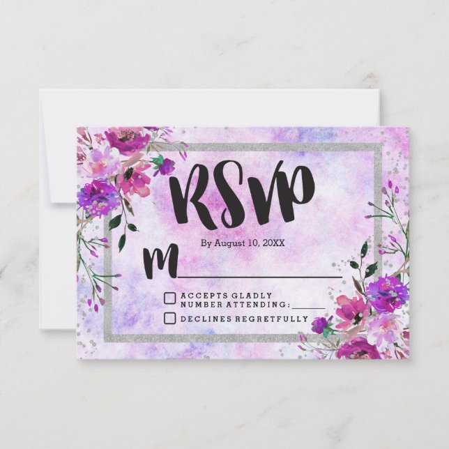 Purple Floral & Silver Frame Wedding RSVP Response (Front)