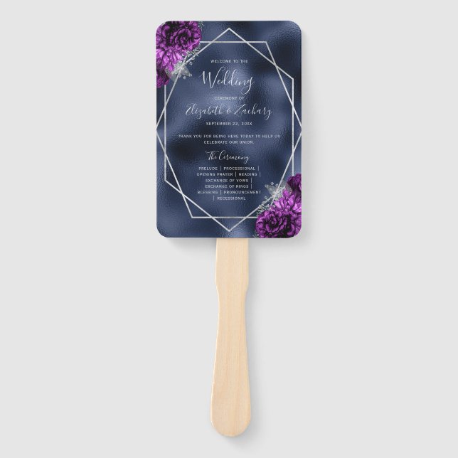 Purple Floral Silver Geo Navy Foil Wedding Program Hand Fan (Front)