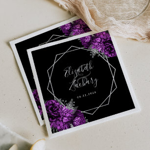 Purple Floral Silver Geometric Black Wedding Napkin