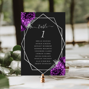 Purple Floral Silver Geometric Frame Black Wedding Table Number