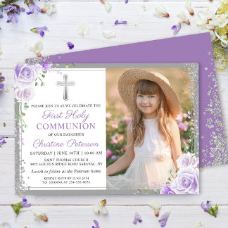 Purple Floral Silver Girl 1st Holy Communion Photo Invitation