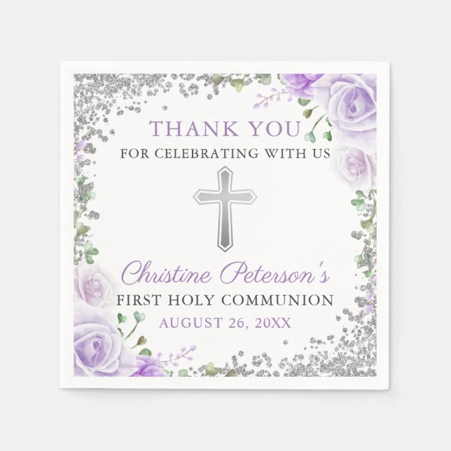 Purple Floral Silver Glitter First Holy Communion Napkin (Front)