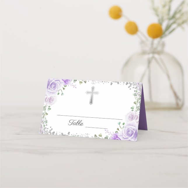 Purple Floral Silver Glitter First Holy Communion Place Card (Front)