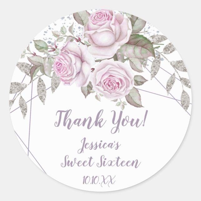 Purple Floral Silver Glitter Geoemtric Classic Round Sticker (Front)