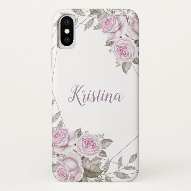 Purple Floral Silver Glitter Geometric Name Case-Mate iPhone Case (Back)