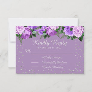 Purple Floral Silver Glitter Quinceañera RSVP Card