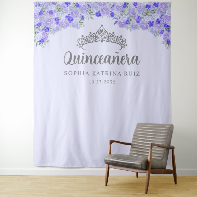 Purple Floral Silver Quinceanera Photo Backdrop Tapestry (In Situ)