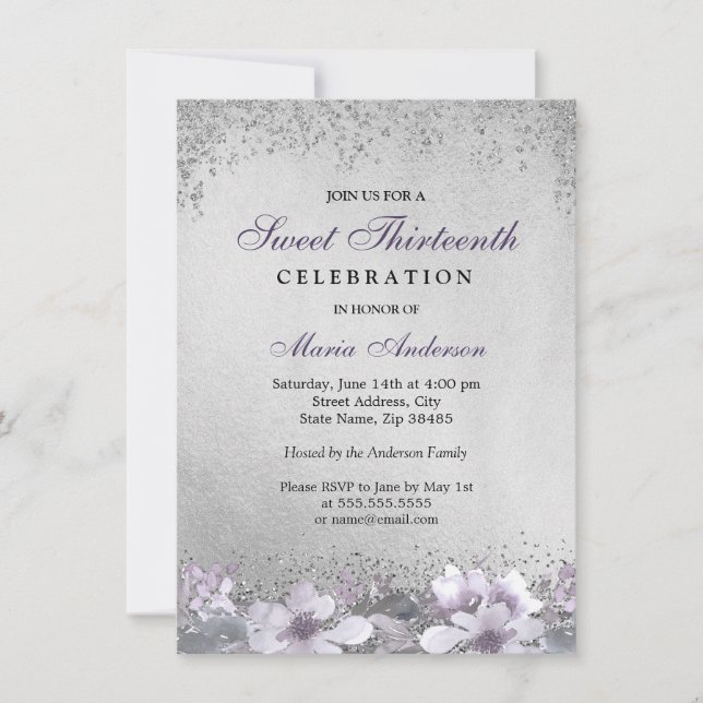 Purple Floral Silver Shimmer Sweet 13 Invite (Front)