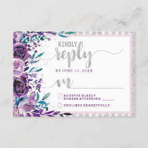 Purple Floral & Silver Wedding Reply RSVP Card