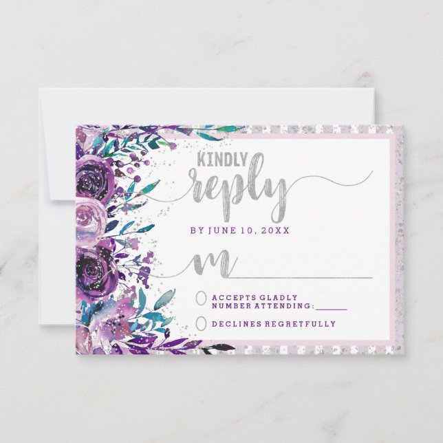 Purple Floral & Silver Wedding Reply RSVP Card (Front)