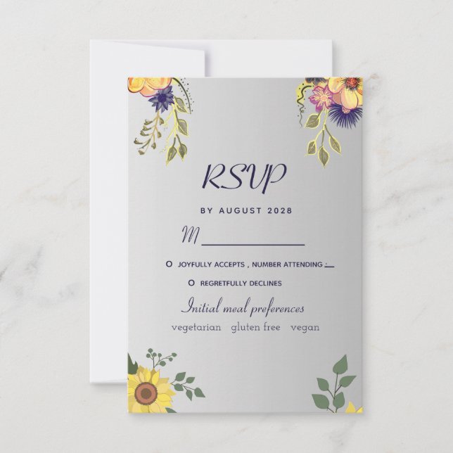 Purple Floral Silver Wedding RSVP Card (Front)