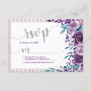 Purple Floral & Silver Wedding RSVP Response