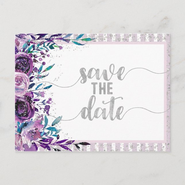Purple Floral & Silver Wedding Save the Date Announcement Postcard (Front)
