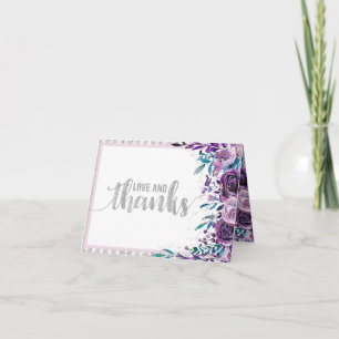 Purple Floral & Silver Wedding Thank You Card