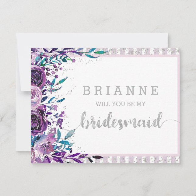 Purple Floral & Silver Will You Be My Bridesmaid Invitation (Front)