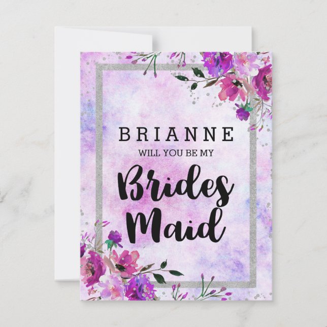 Purple Floral & Silver Will You Be My Bridesmaid Invitation (Front)