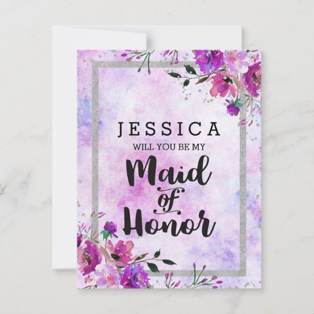 Purple Floral Silver Will You Be My Maid of Honour Invitation (Front)