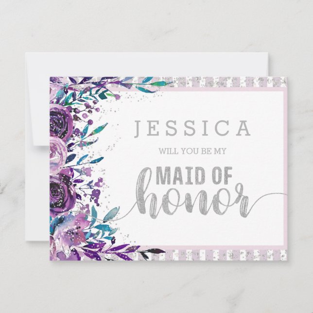 Purple Floral Silver Will You Be My Maid of Honour Invitation (Front)
