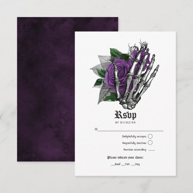 Purple Floral Skeleton Gothic Wedding RSVP Card (Front/Back)