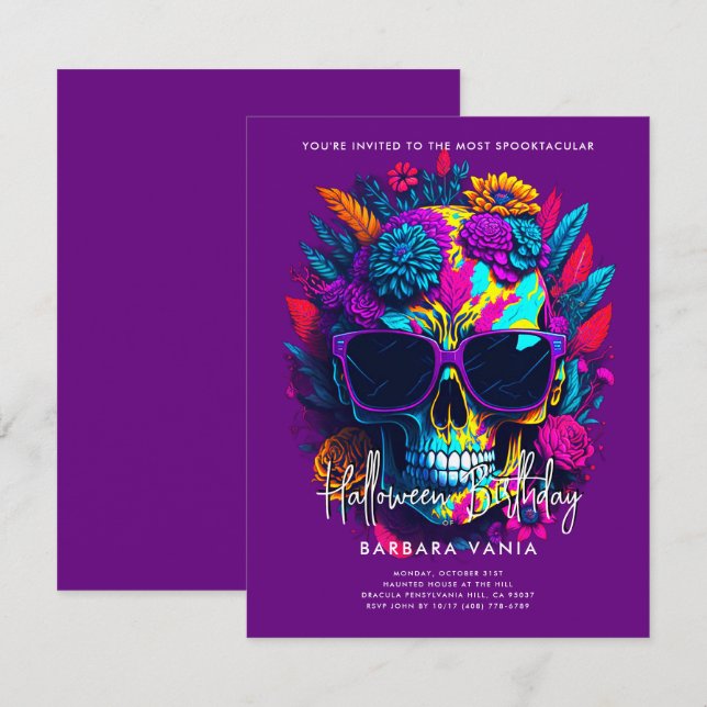 Purple Floral Skull Halloween Birthday Party  Invitation (Front/Back)
