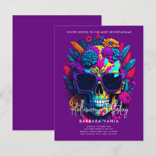 Purple Floral Skull Halloween Birthday Party  Invitation