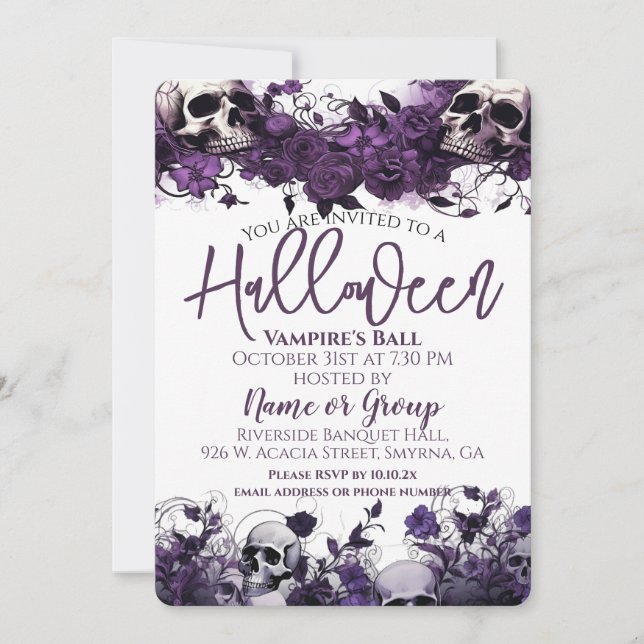 Purple Floral Skull Halloween Party Invitation (Front)