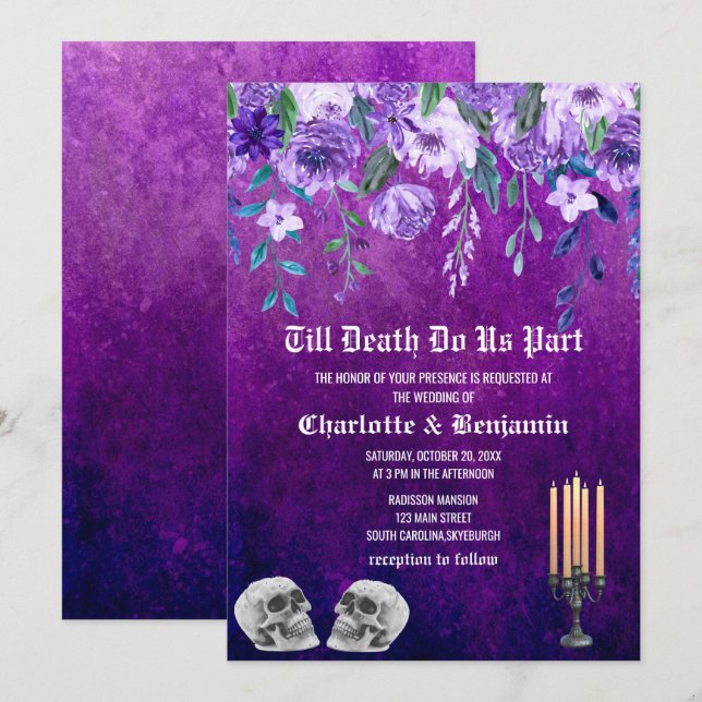 Purple Floral Skull Halloween Wedding  Invitation (Front/Back)