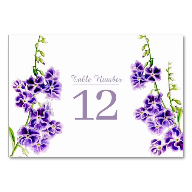 Purple floral sky flower watercolor wedding table number (Back)