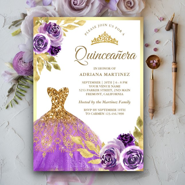 Purple Floral Sparkle Dress Gold Quinceanera Invitation (Creator Uploaded)