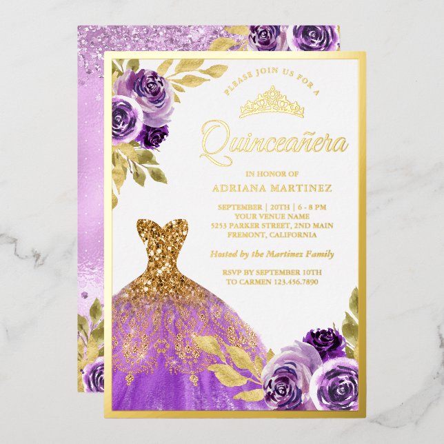 Purple Floral Sparkle Dress Quinceanera Gold (Front/Back)