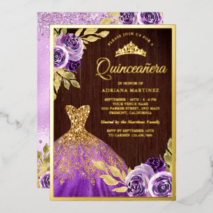Purple Floral Sparkle Dress Wood Quinceanera Gold