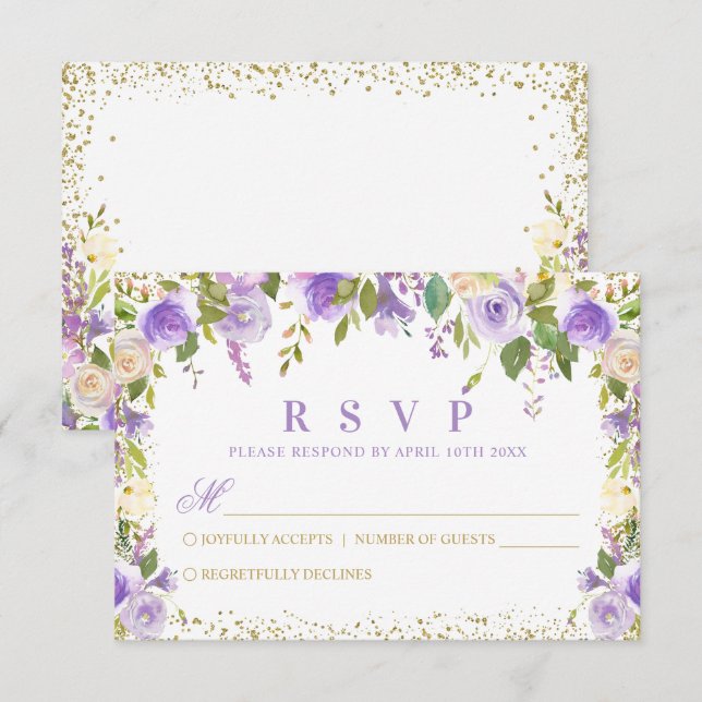 Purple Floral Sparkle Gold Glitter RSVP Card (Front/Back)