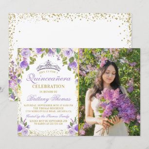 Purple Floral Sparkle Gold Quinceanera Photo Invitation