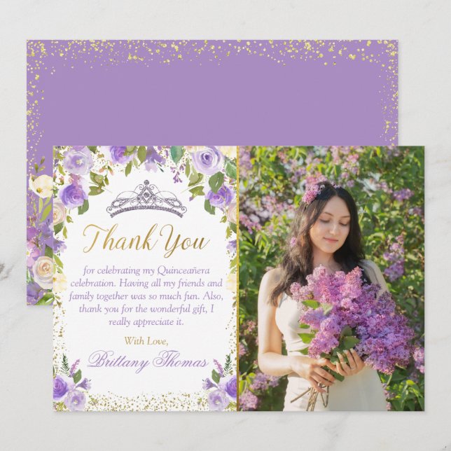 Purple Floral Sparkle Gold Quinceanera Photo Thank You Card (Front/Back)