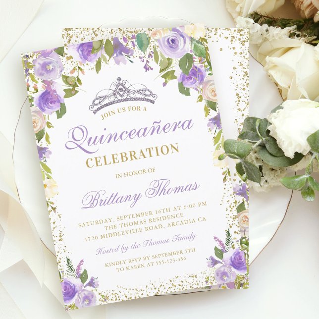 Purple Floral Sparkle Quinceanera 15th Birthday Invitation (Creator Uploaded)