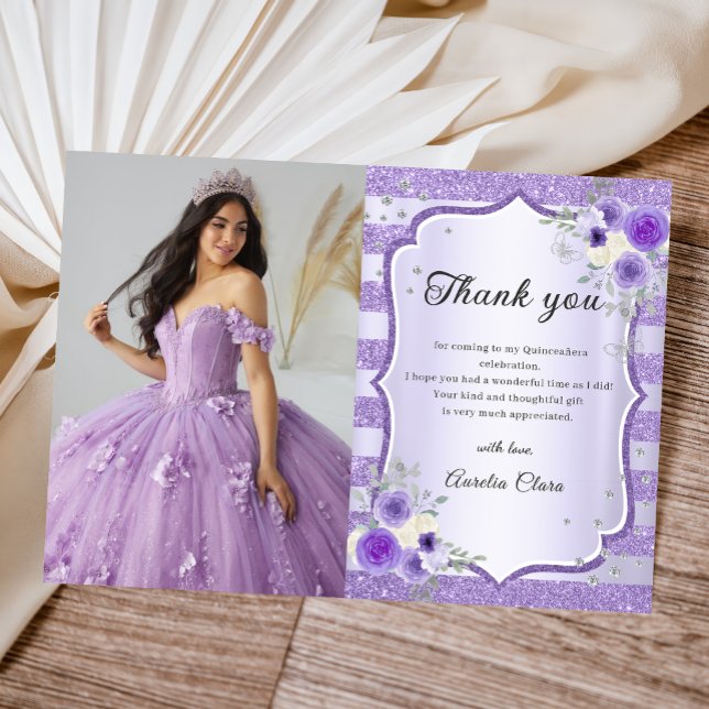 Purple Floral Sparkle Quinceanera Photo Thank You Card (Creator Uploaded)