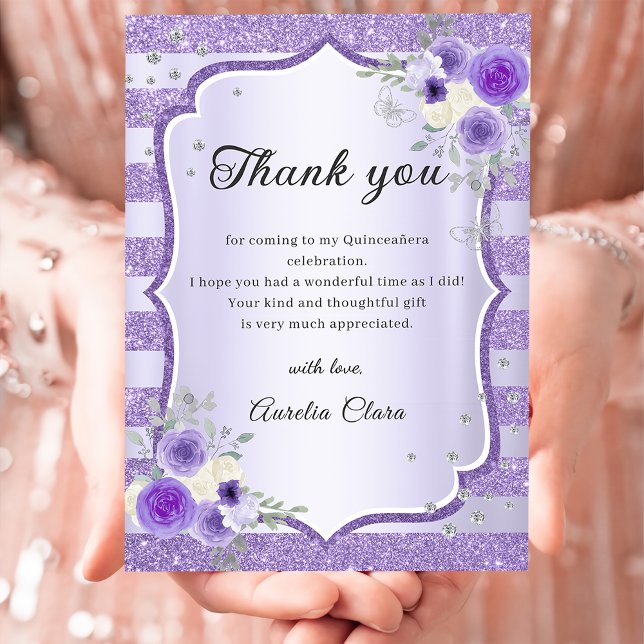Purple Floral Sparkle Quinceanera Thank You Card (Creator Uploaded)