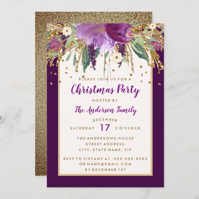 Purple Floral Sparkling Amethyst Christmas Party Invitation (Front/Back)