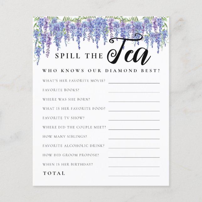 Purple Floral Spill the Tea Bridal Shower Game (Front)