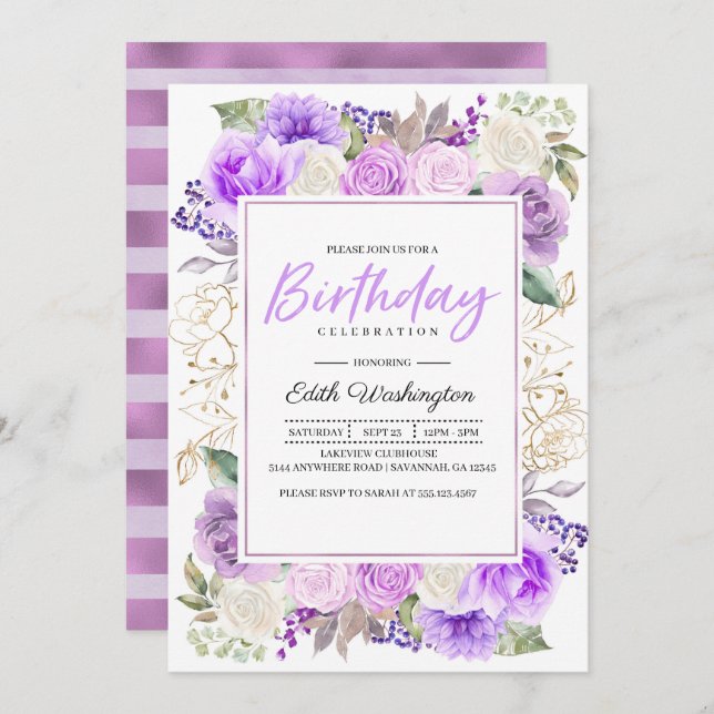 Purple Floral Spring Birthday Invitation (Front/Back)
