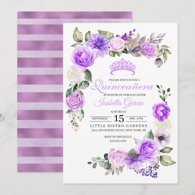 Purple Floral Spring Quinceanera Birthday Invitati Invitation (Front/Back)