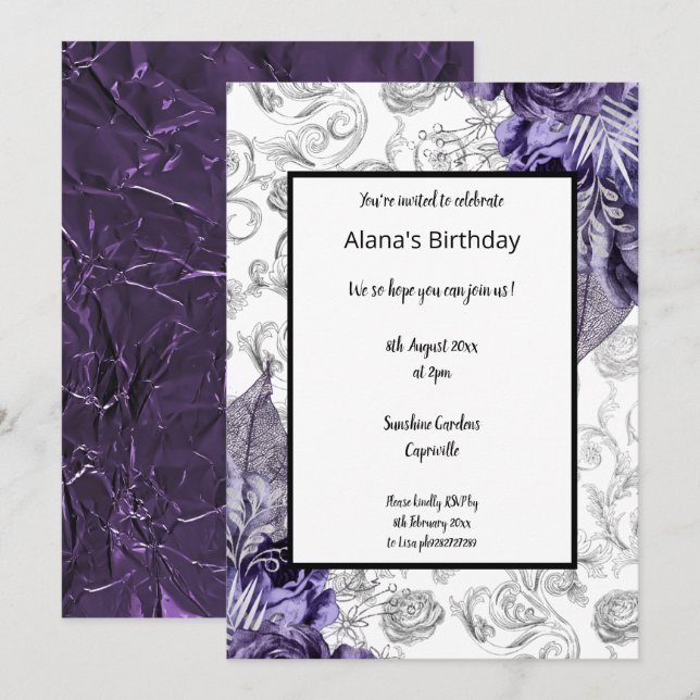 PURPLE FLORAL SPRING THEME FOIL METALLIC BIRTHDAY INVITATION (Front/Back)