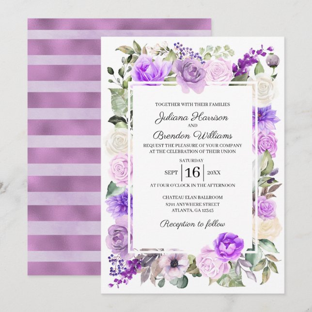 Purple Floral Spring Wedding Invitation (Front/Back)